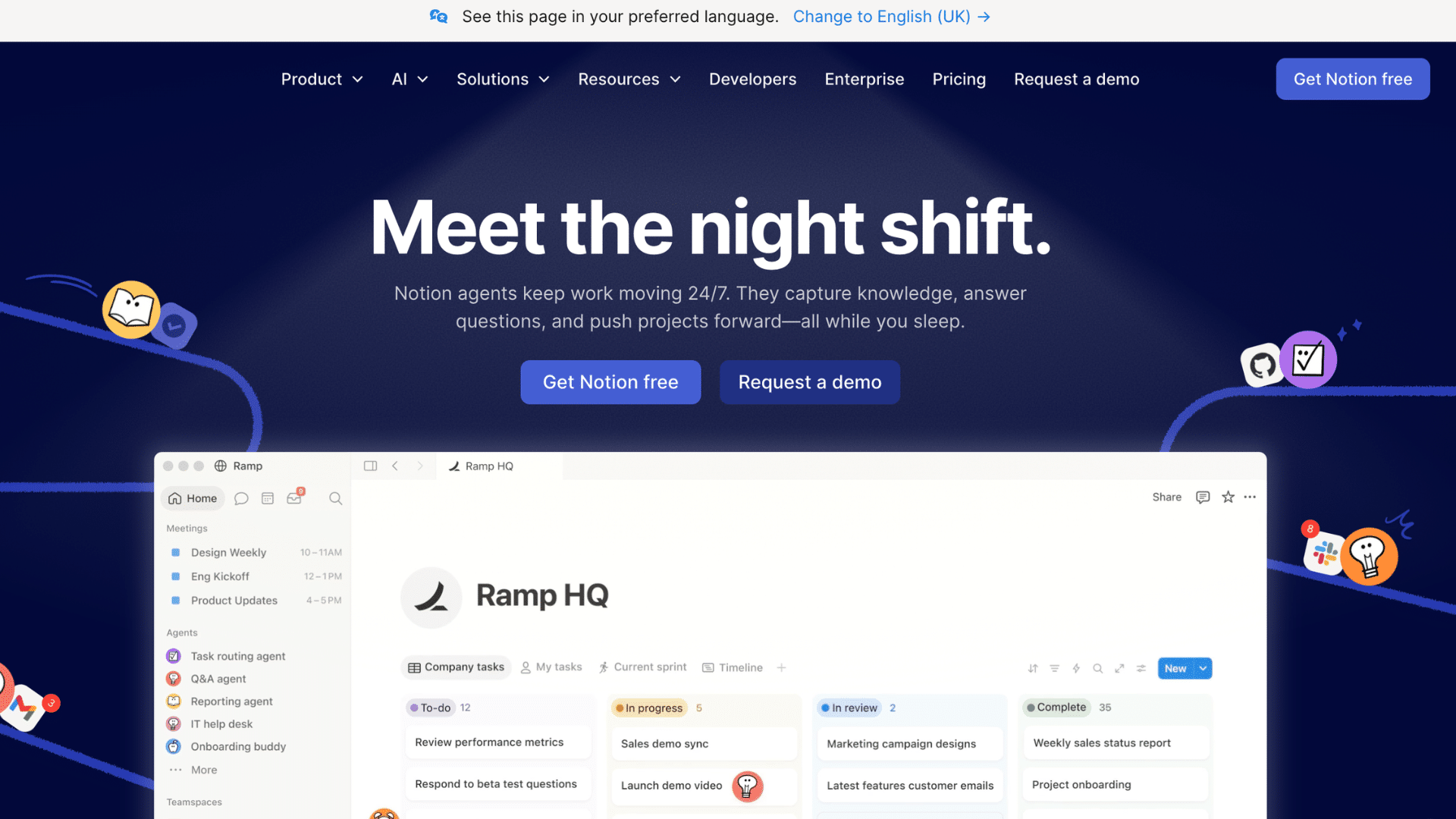 notion homepage with dark blue background headline text and workspace dashboard preview with action buttons