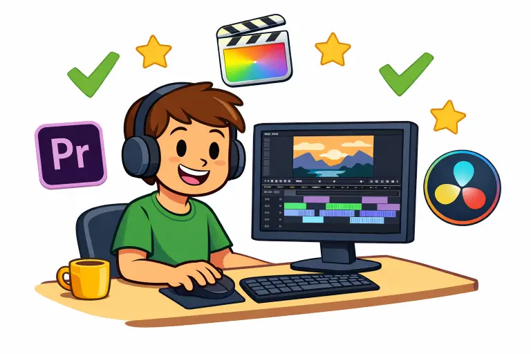 Cartoon person editing video on computer with colorful timeline on screen in a playful setting