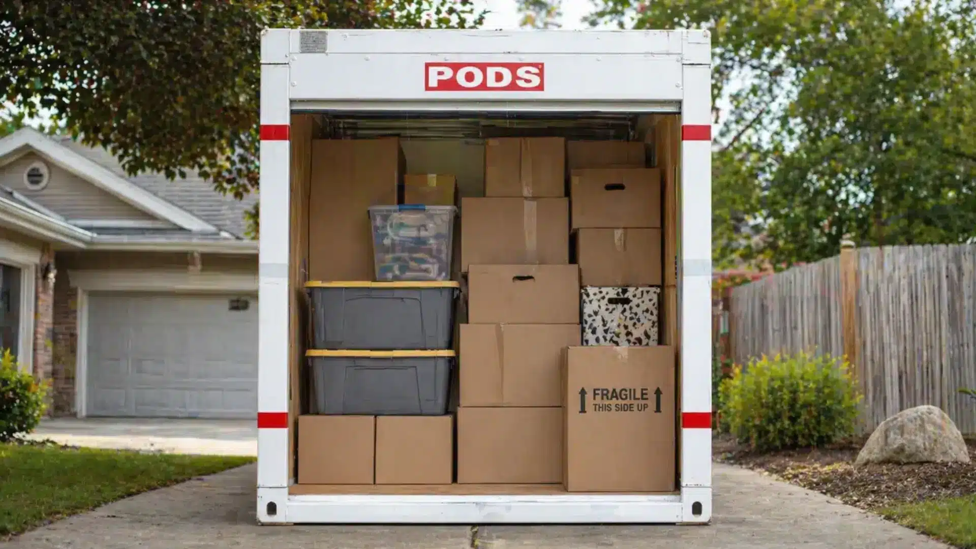 Open PODS container with packed boxes in driveway, suburban home and trees in background
