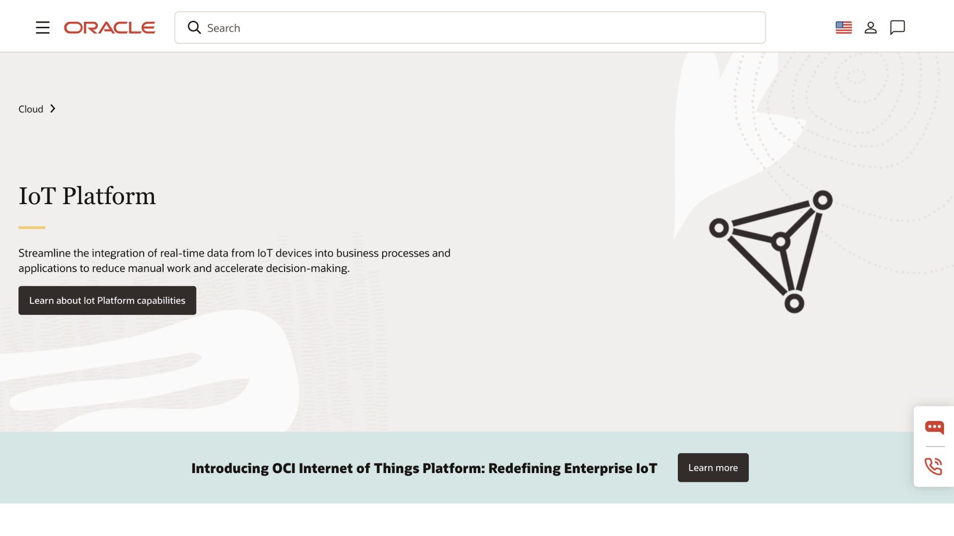 oracle iot platform webpage with a black network graphic icon and button to learn about capabilities