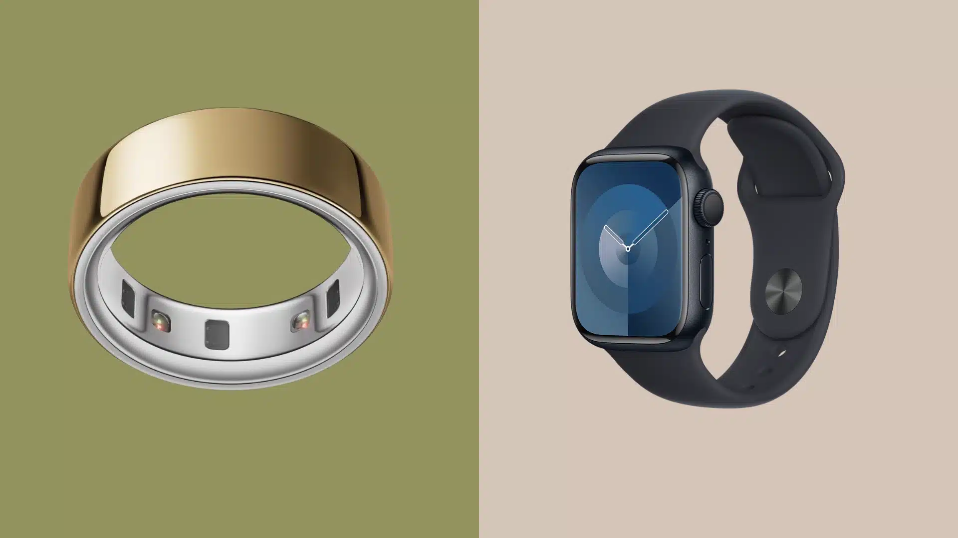 Oura ring and Apple Watch side by side on clean background showing design and sensor details