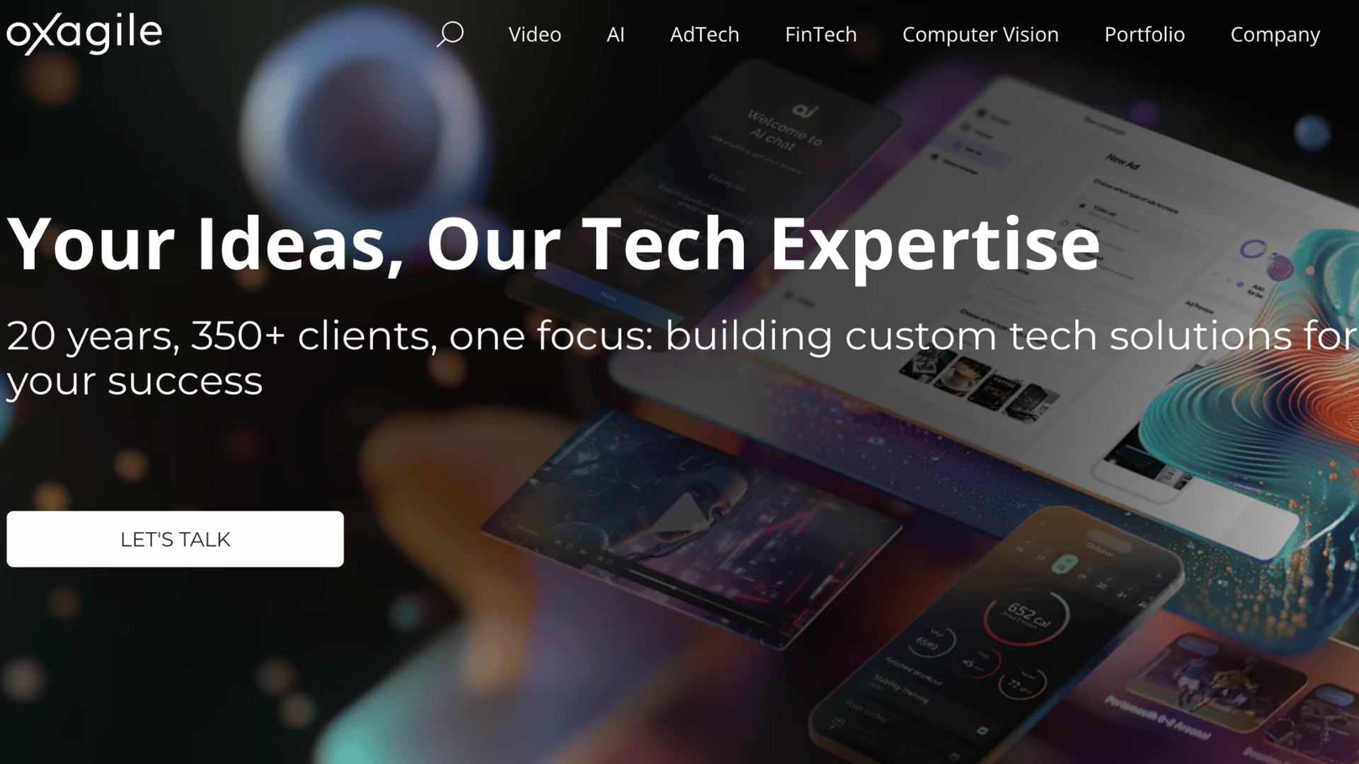 oxagile website with text your ideas our tech expertise over digital device displays showing various applications