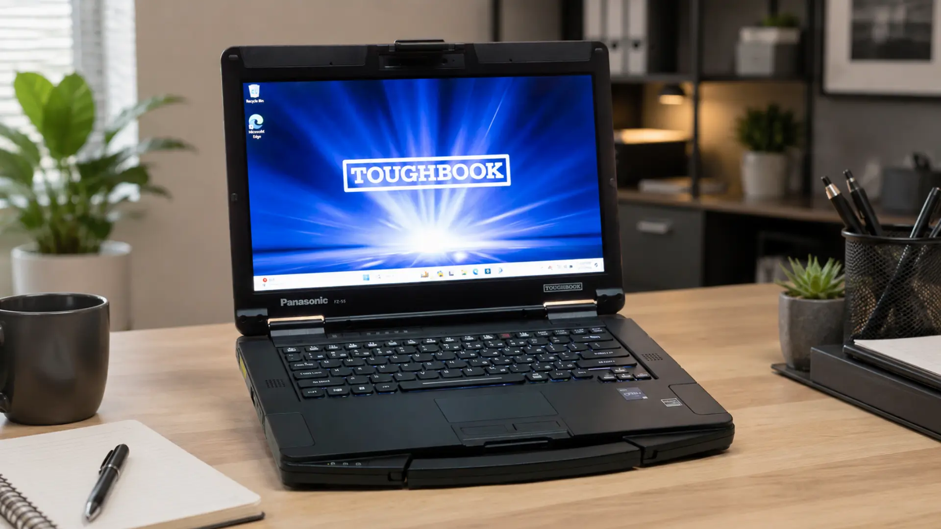 Panasonic Toughbook laptop on a desk in a modern office with plants and workspace accessories