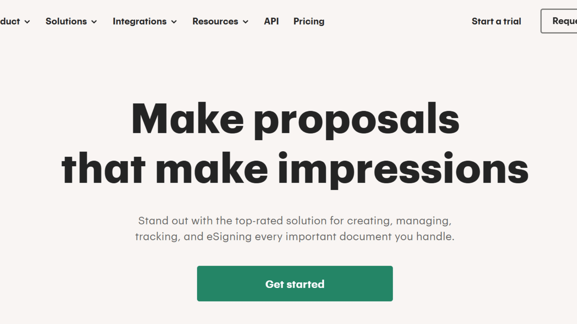 pandadoc homepage showing proposal creation headline product navigation trial and demo buttons in browser window
