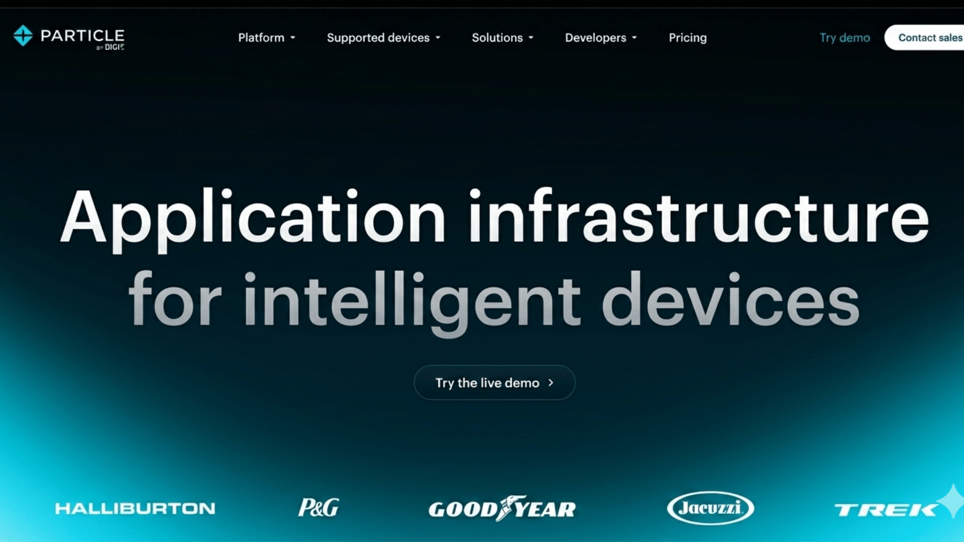 particle io homepage with heading application infrastructure for intelligent devices and featured client logos