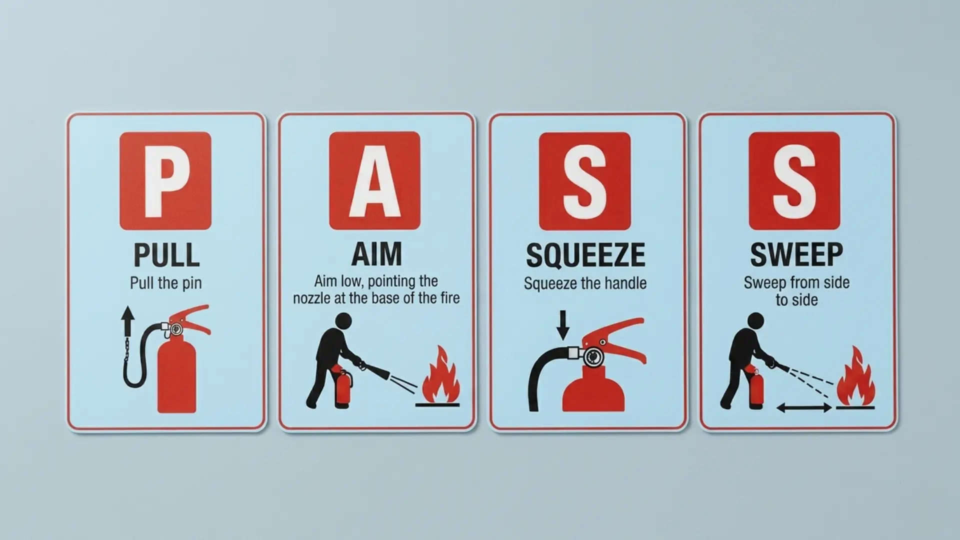 PASS steps for using a fire extinguisher pull, aim, squeeze, and sweep shown on safety instruction cards