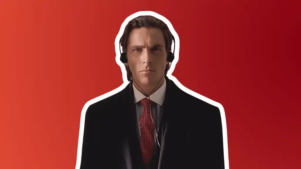 Patrick Bateman in suit wearing on-ear headphones against red background, American Psycho inspired portrait
