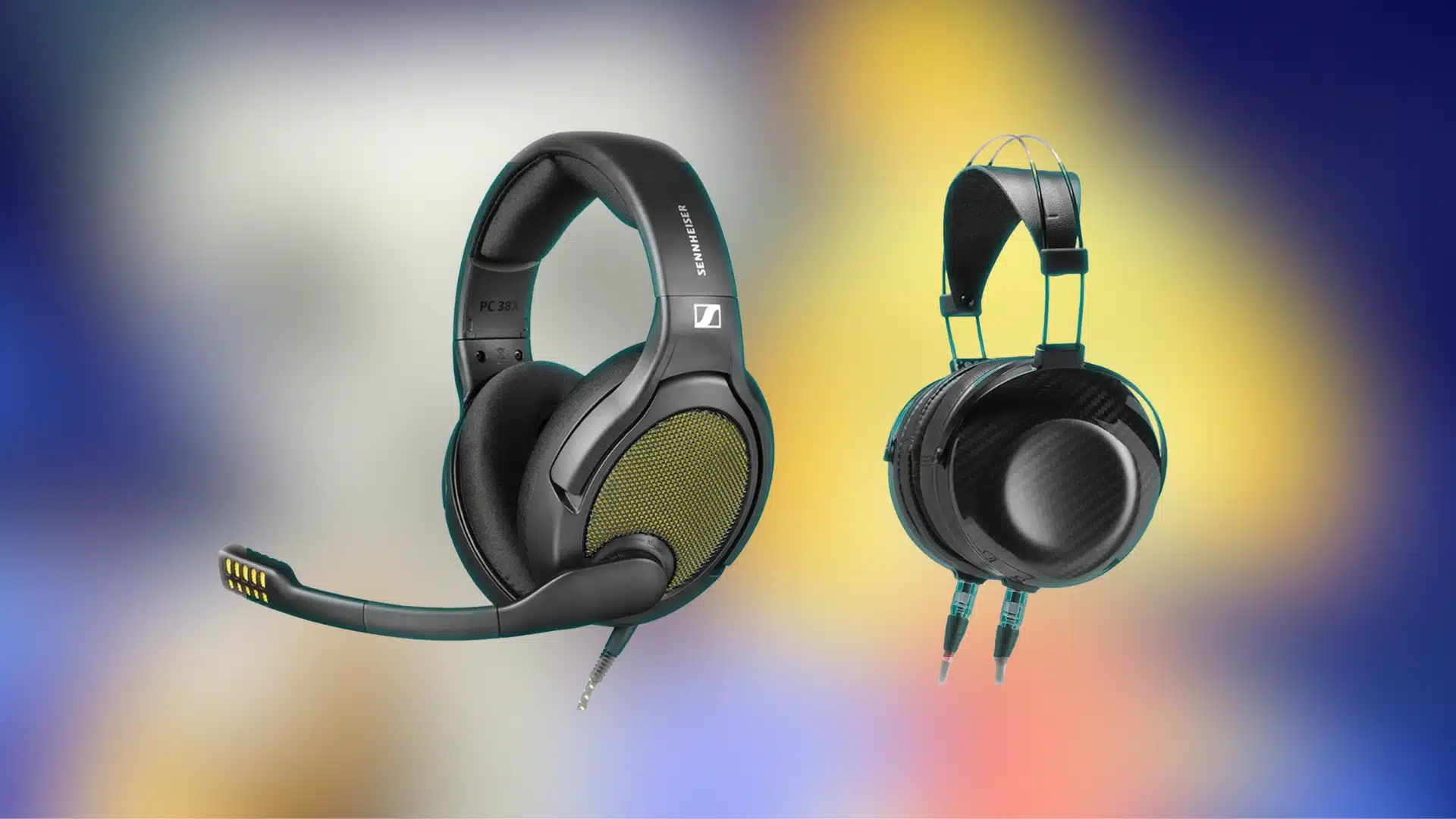 PC38X gaming headset with boom mic next to wired headphones on a soft blue and yellow gradient background