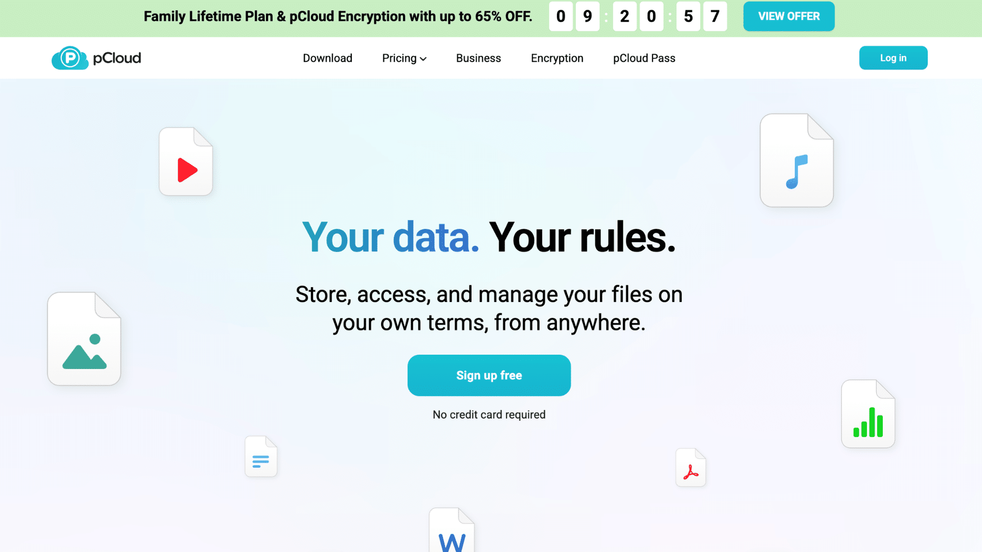 pcloud storage webpage with your data your rules slogan and sign up free button on light background