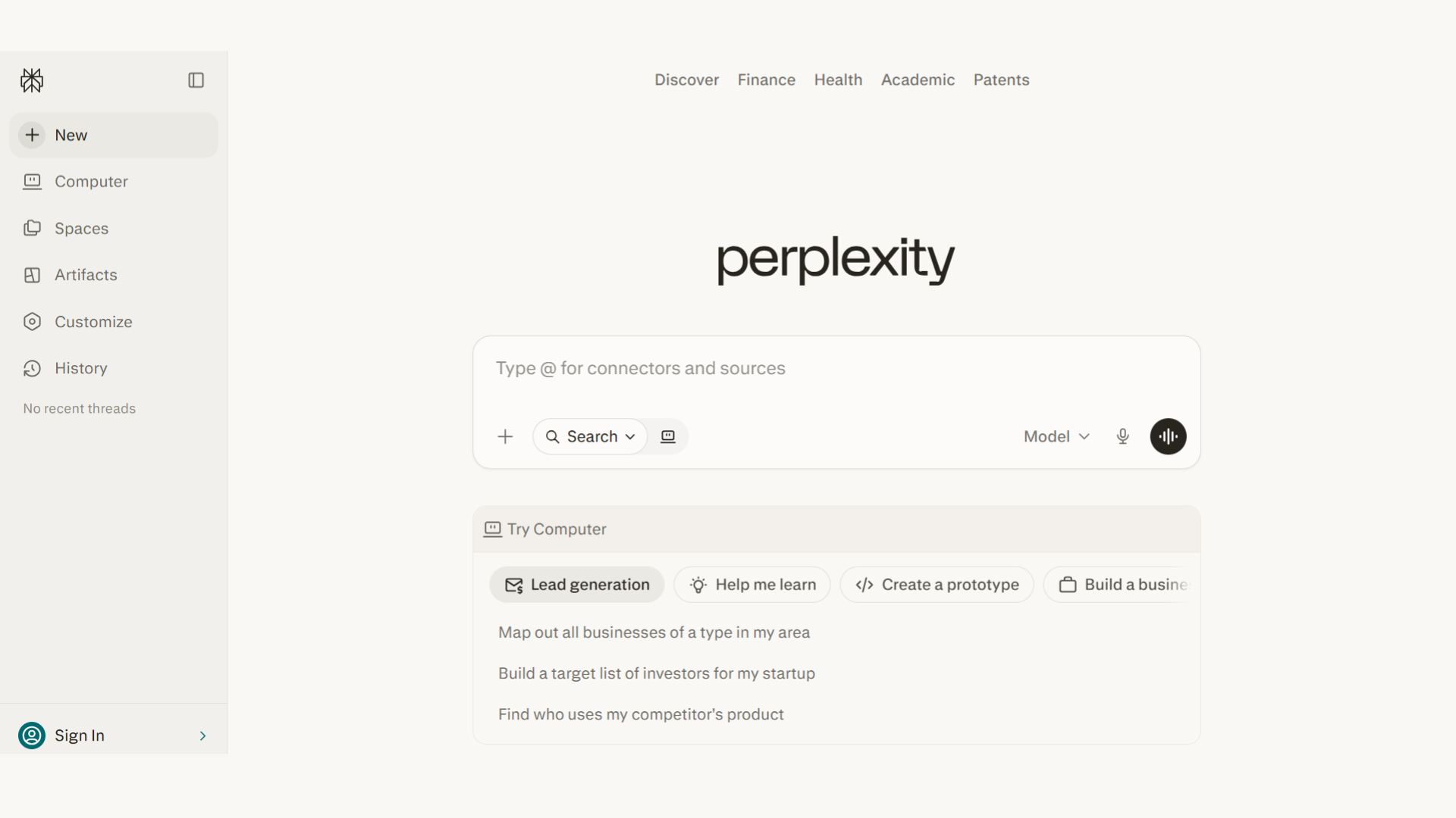 Perplexity front page website Interface