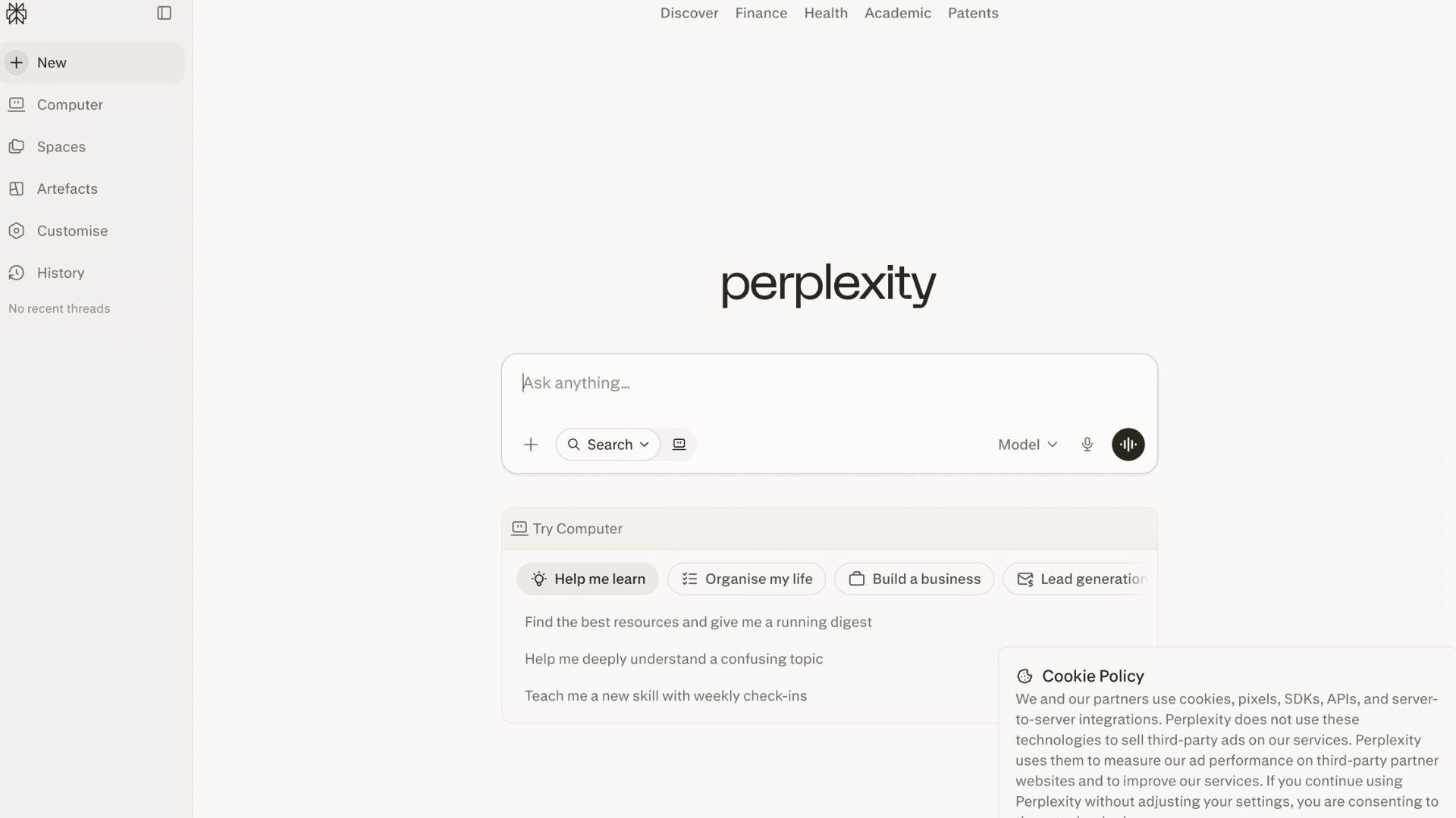 perplexity homepage with search prompt sidebar menu and cookie policy popup in the bottom corner