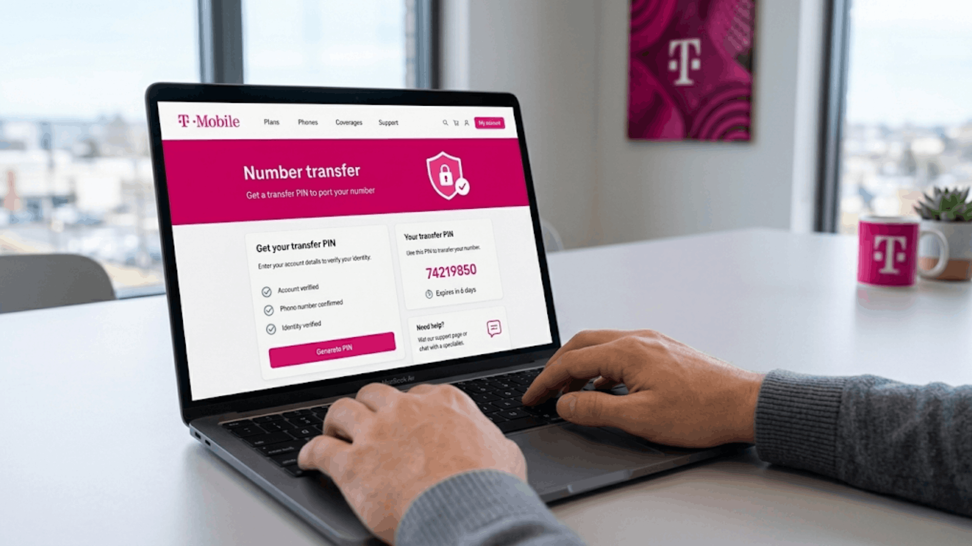 person generating t mobile transfer pin on laptop with secure number transfer screen (1)
