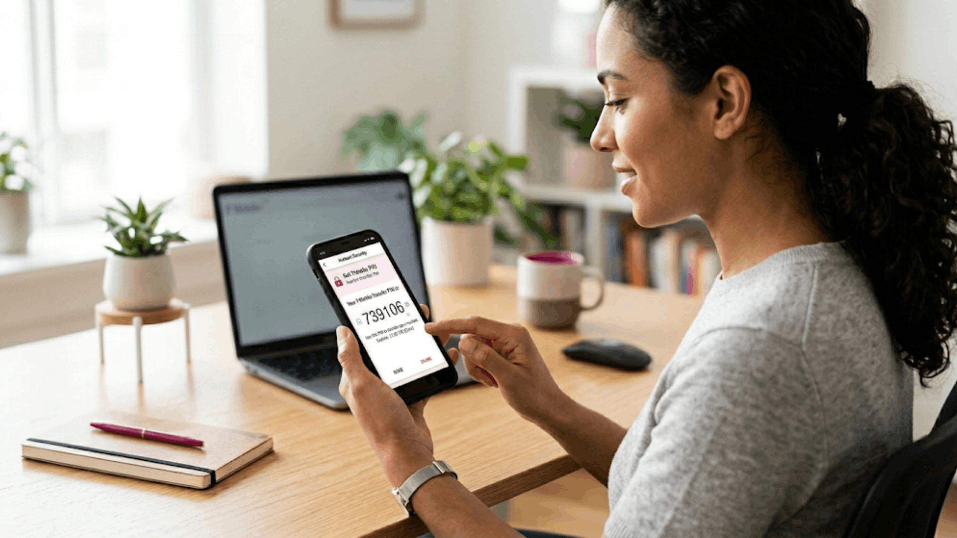 person reporting phishing scam on laptop while woman using smartphone to generate t mobile transfer pin at home office suspicious verification text messages (1)