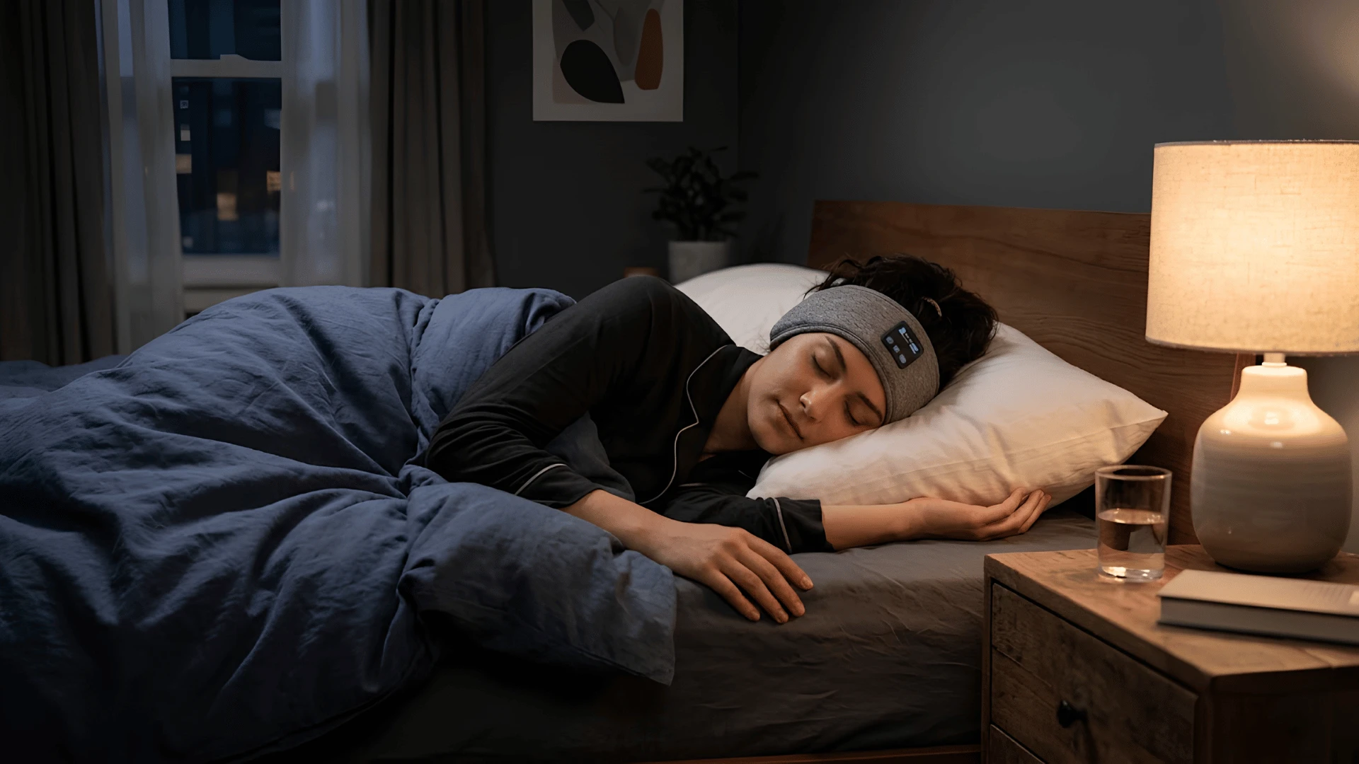 Person sleeping on their side wearing headband headphones in a cozy bedroom at night