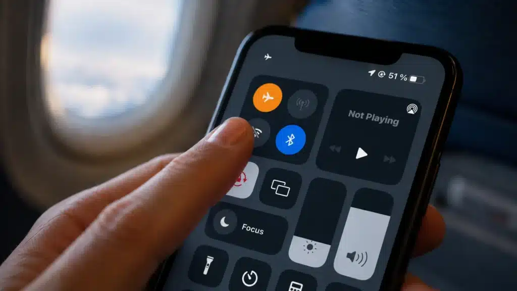 Person turning on Airplane Mode on an iPhone during a flight with the control center visible