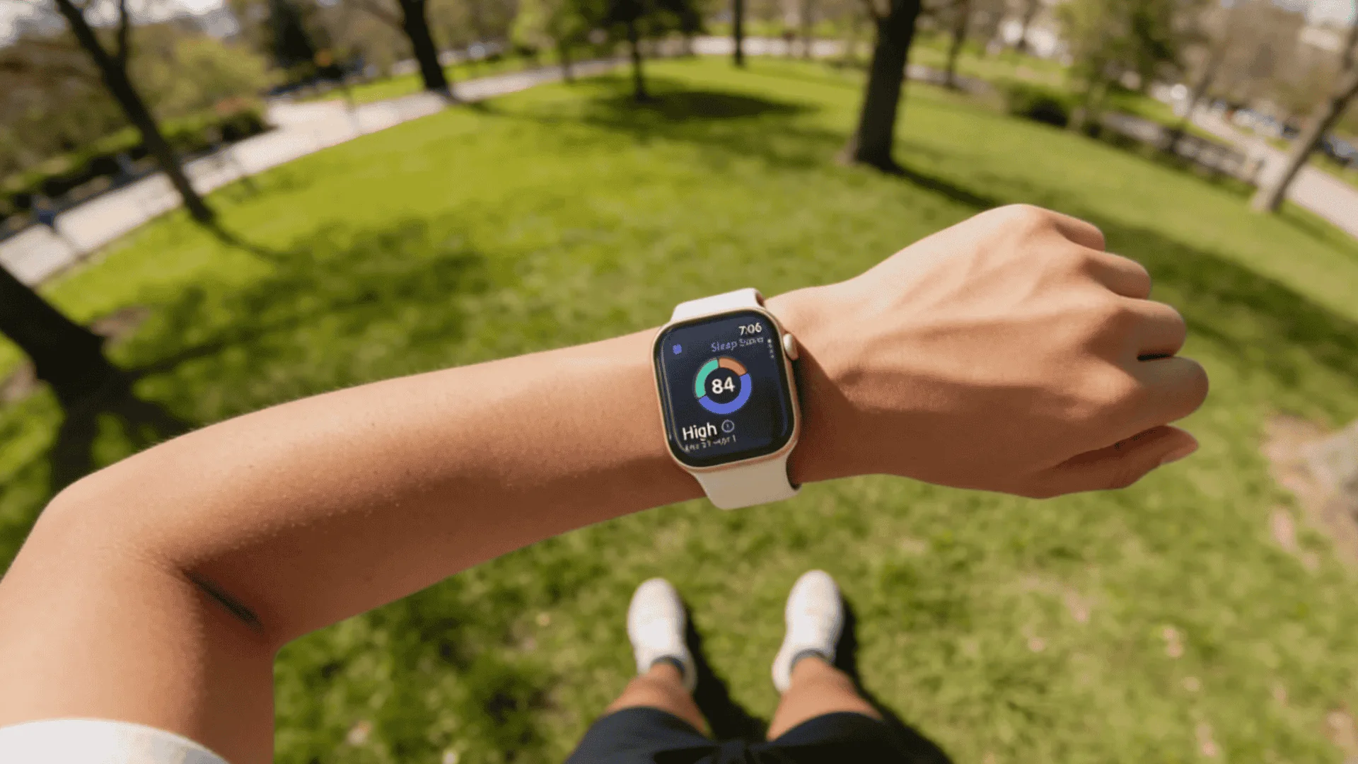Person wearing Apple Watch 11 outdoors in park checking health data on screen during daytime activity