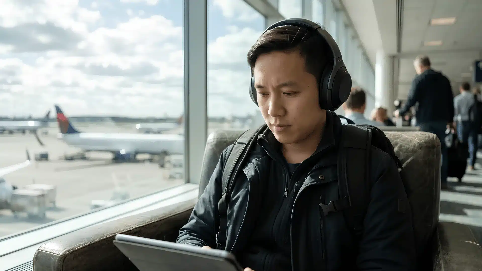 Person wearing Sony headphones using tablet at airport with planes visible outside window