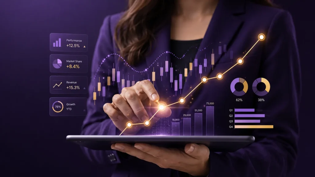 Professional woman uses a tablet with purple and gold holographic business analytics charts