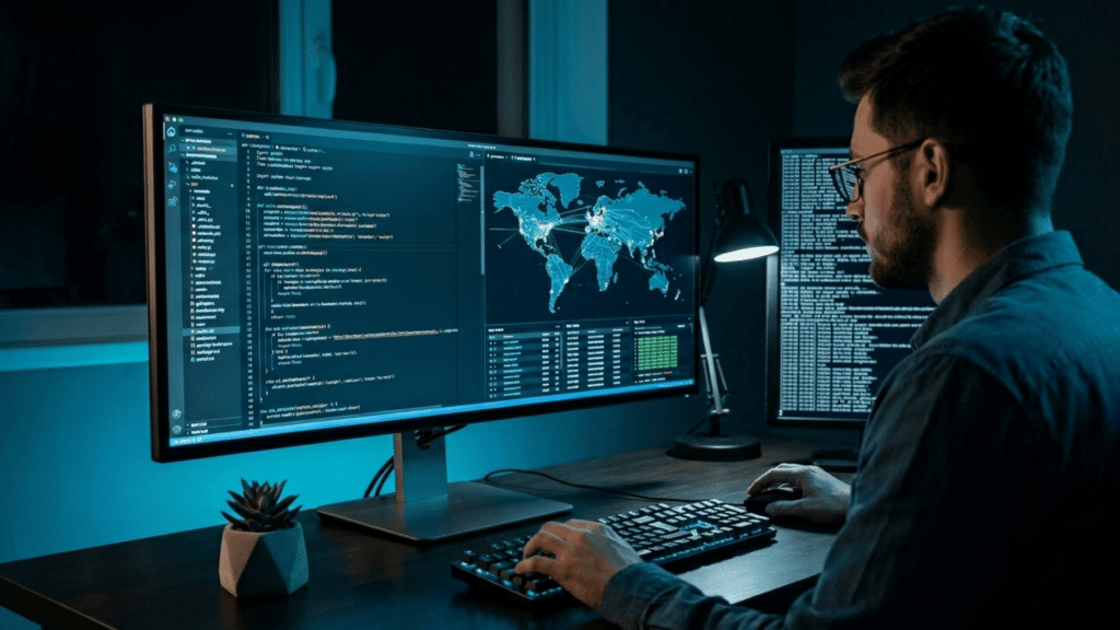 Programmer working at desk with dual monitors displaying code and global data visualization in a dimly lit room
