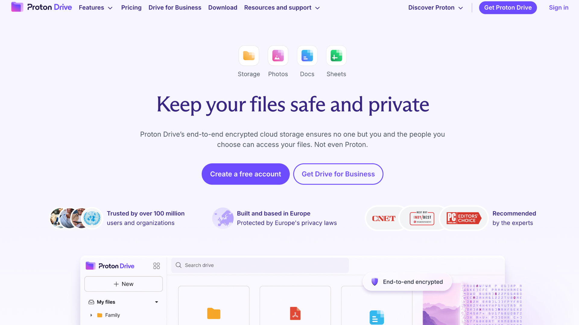 proton drive webpage promoting secure private cloud storage with account signup and encrypted file dashboard