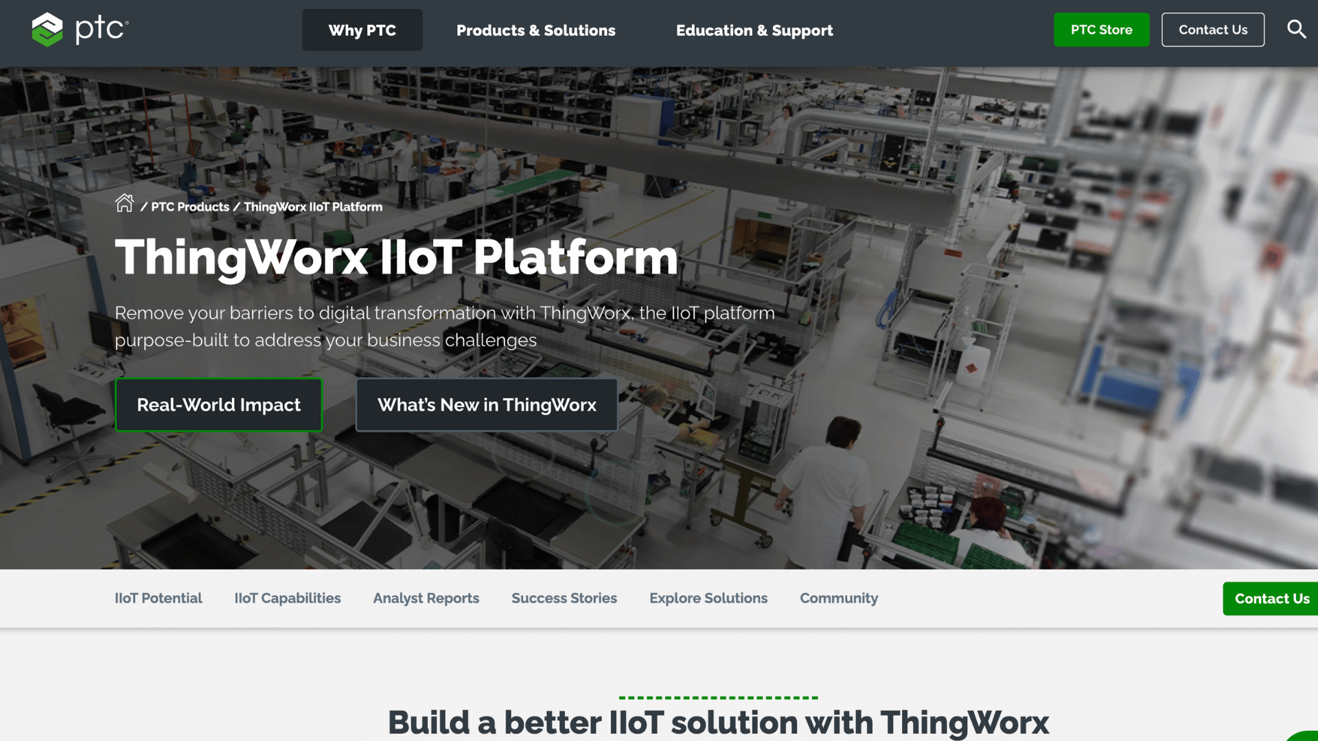 ptc website featuring the text thingworx iiot platform over a blurred background image of a factory floor facility (1)