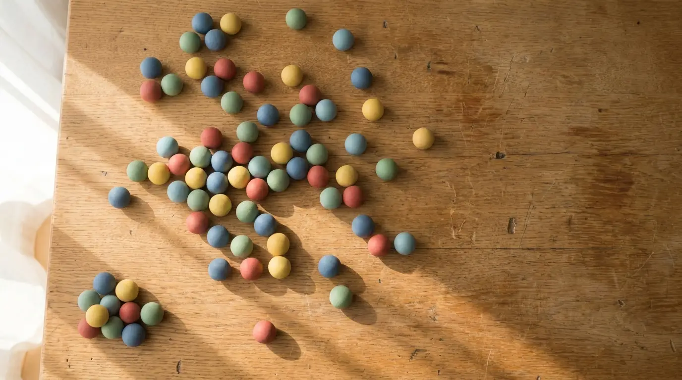 Colorful spherical candies scattered on a wooden table with natural light shadows