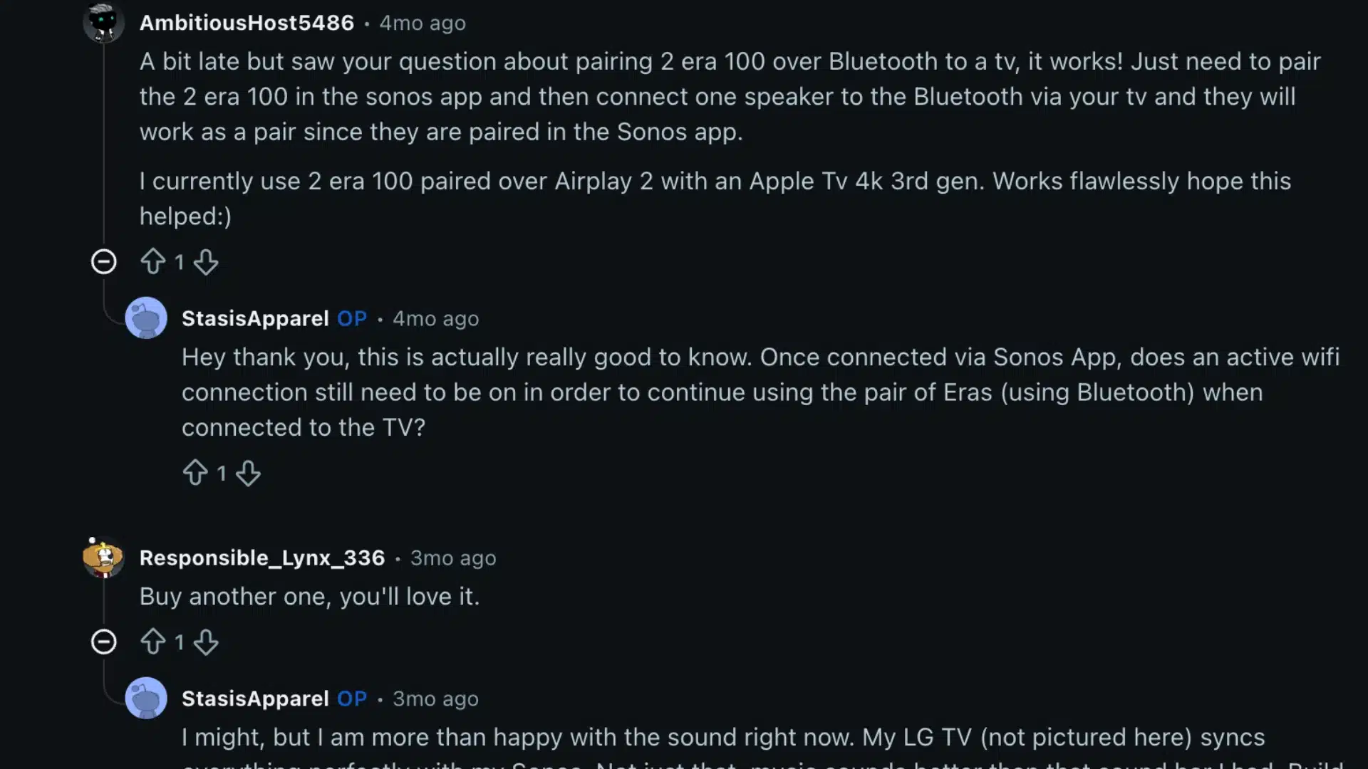 Reddit comments about using two Sonos Era 100 speakers as a stereo pair in a home setup