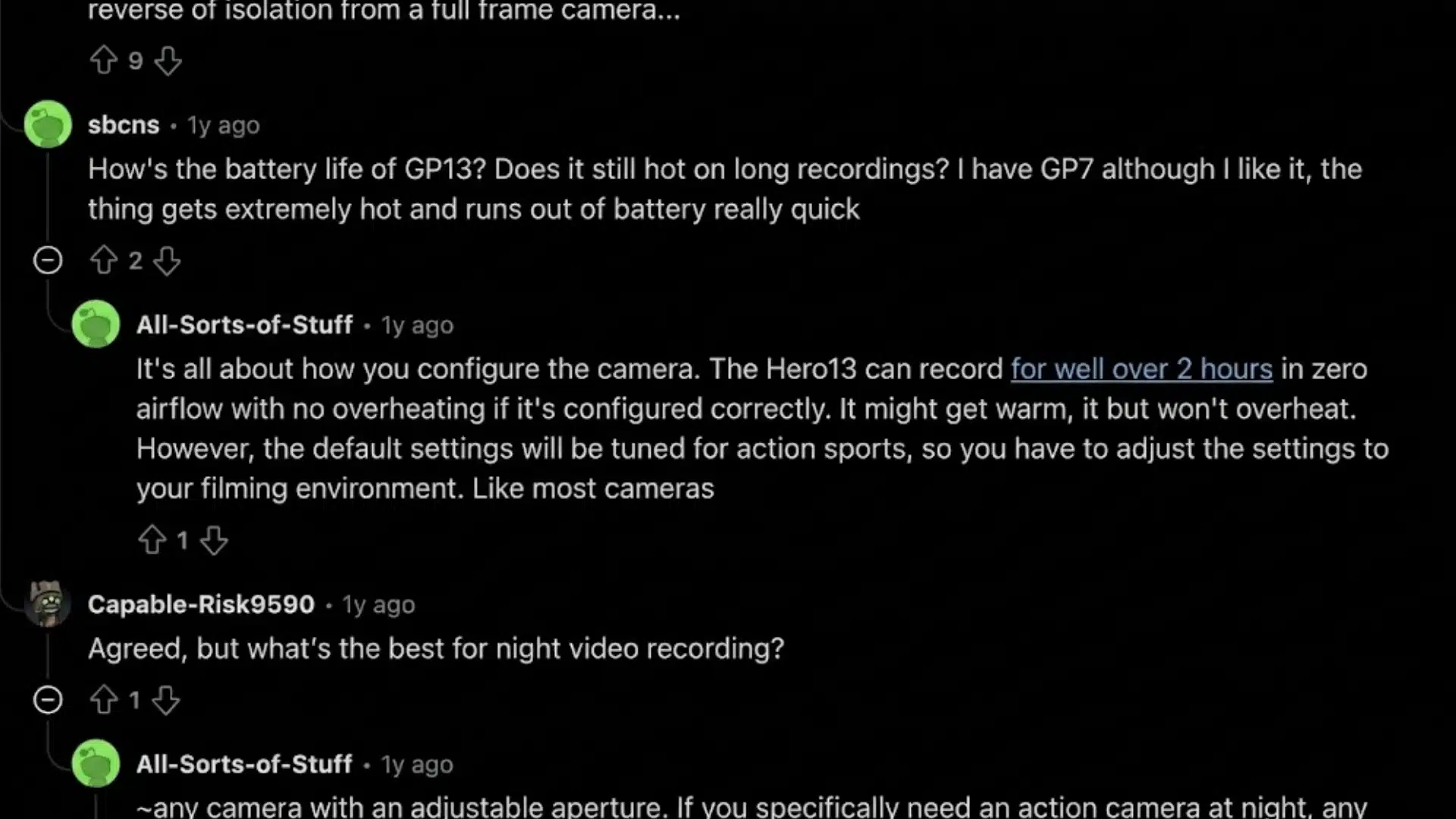 Reddit discussion about GoPro HERO13 Black battery life, overheating concerns, and night recording performance.