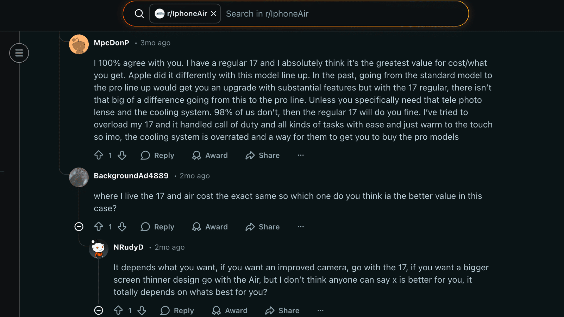 Reddit discussion screenshot comparing iPhone Air and iPhone 17 value, features, and user opinions on performance and design