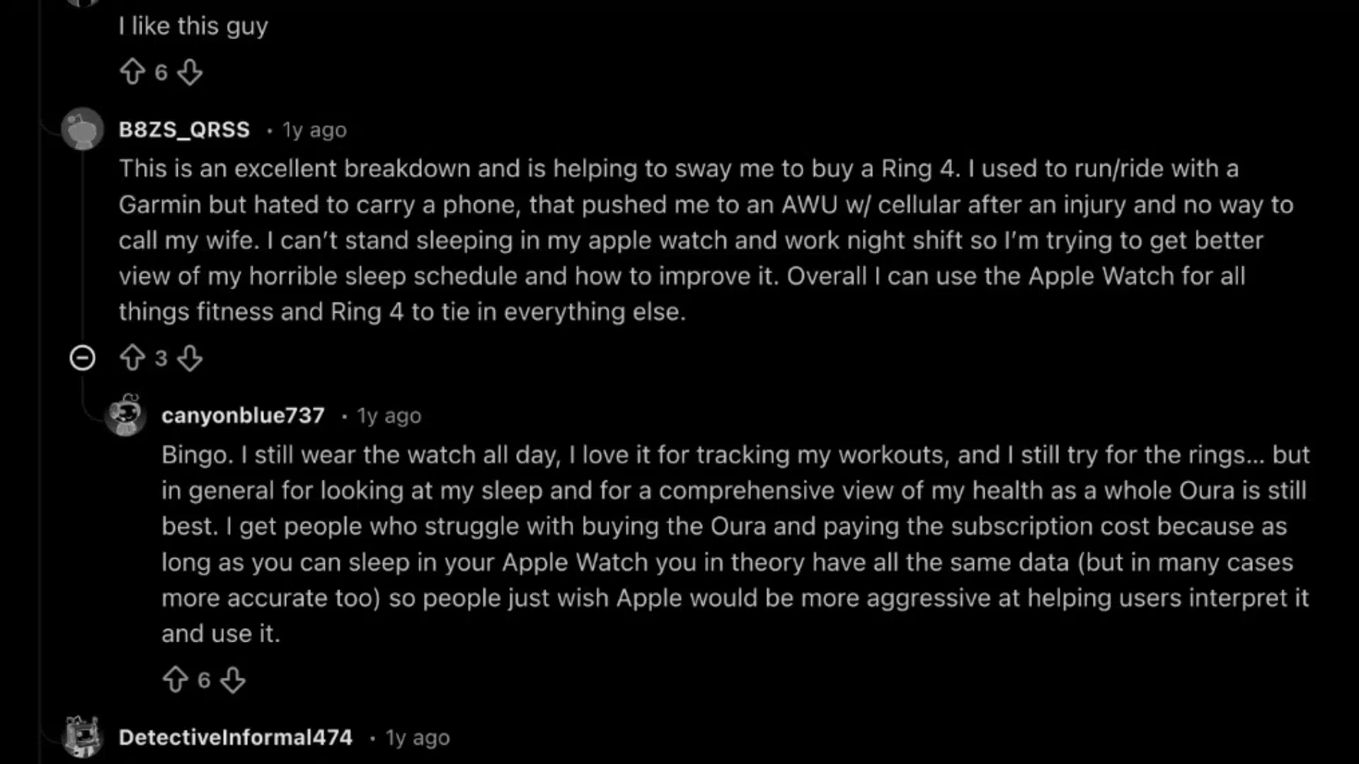Reddit discussion screenshot showing users comparing Oura Ring and Apple Watch experiences