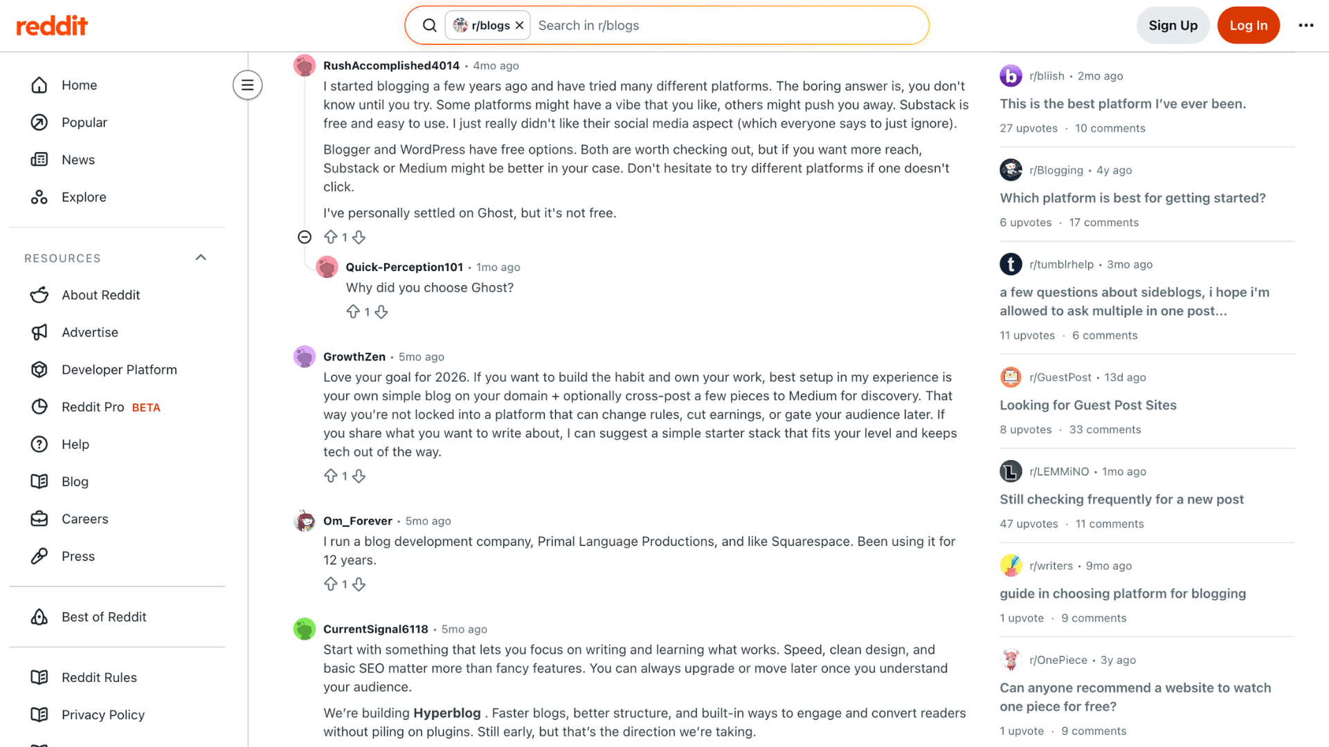 reddit page showing blogging platform discussion threads with comments sidebar links and navigation menu