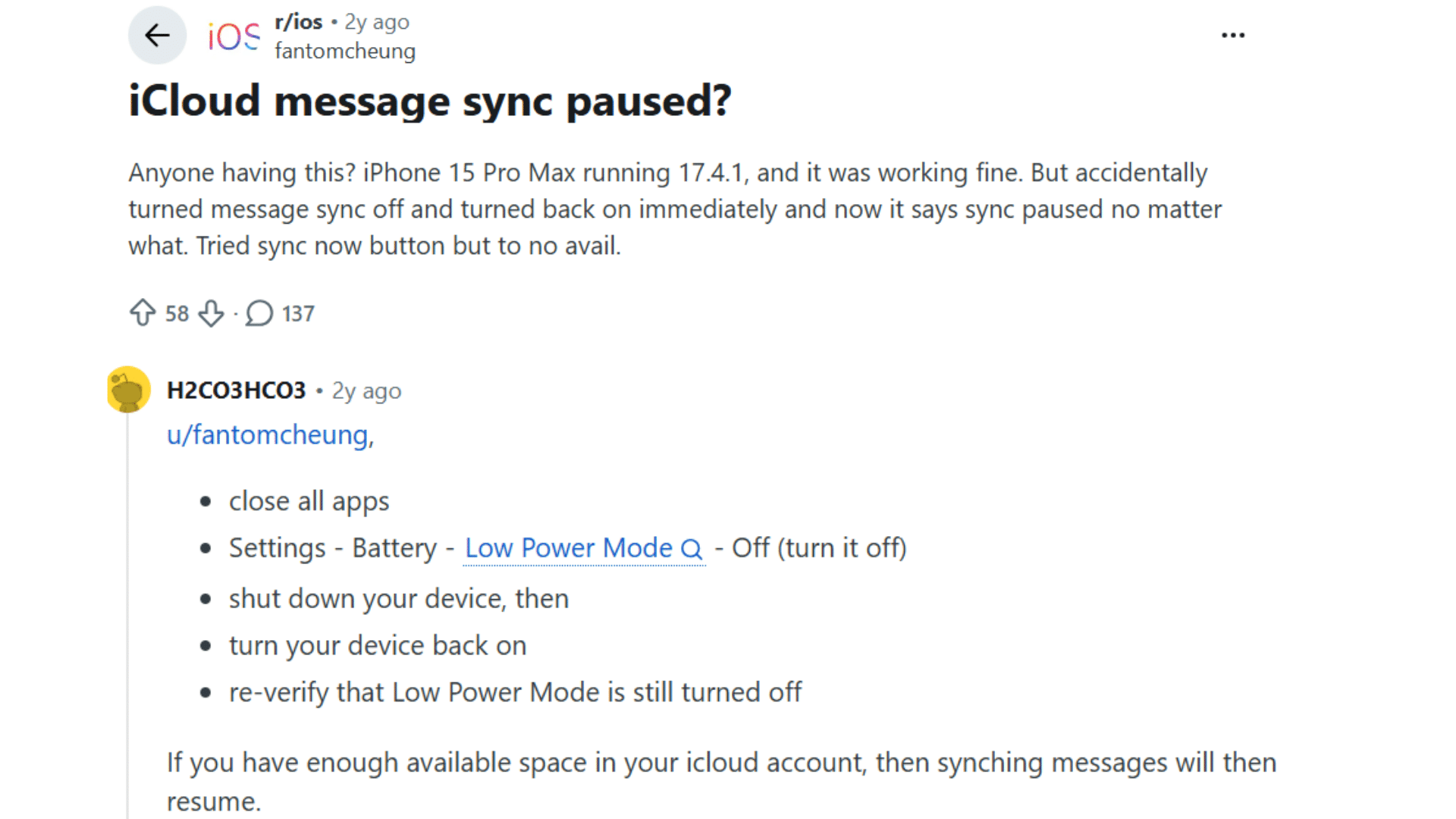 reddit post about icloud message sync paused issue on iphone 15 pro max