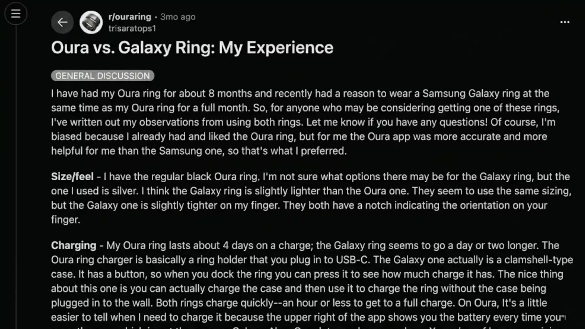 Reddit post comparing Oura Ring and Samsung Galaxy Ring with user experience on comfort, battery, and app accuracy