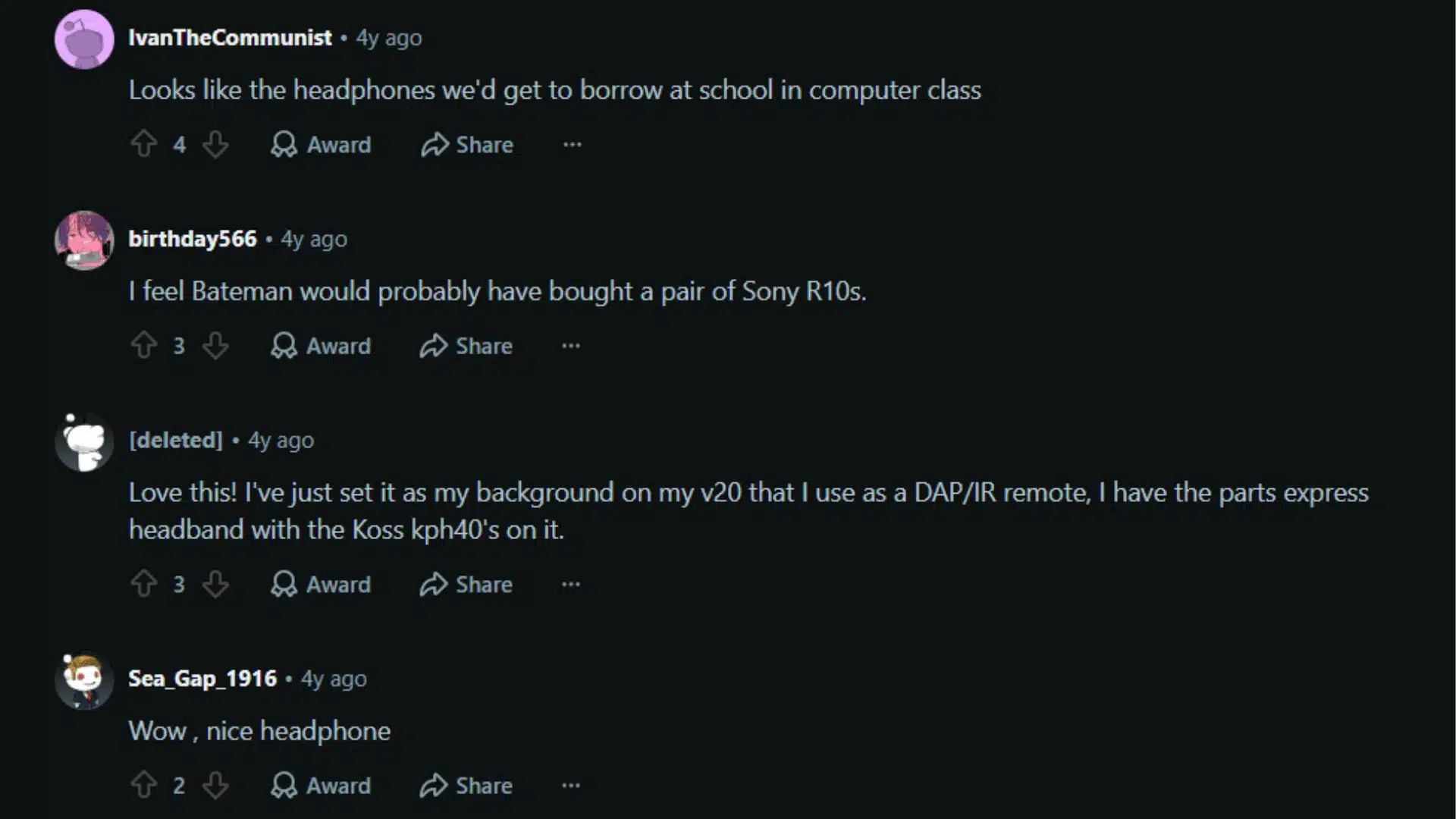 Reddit thread discussing American Psycho headphones with user comments suggesting Sony and Parts Express models