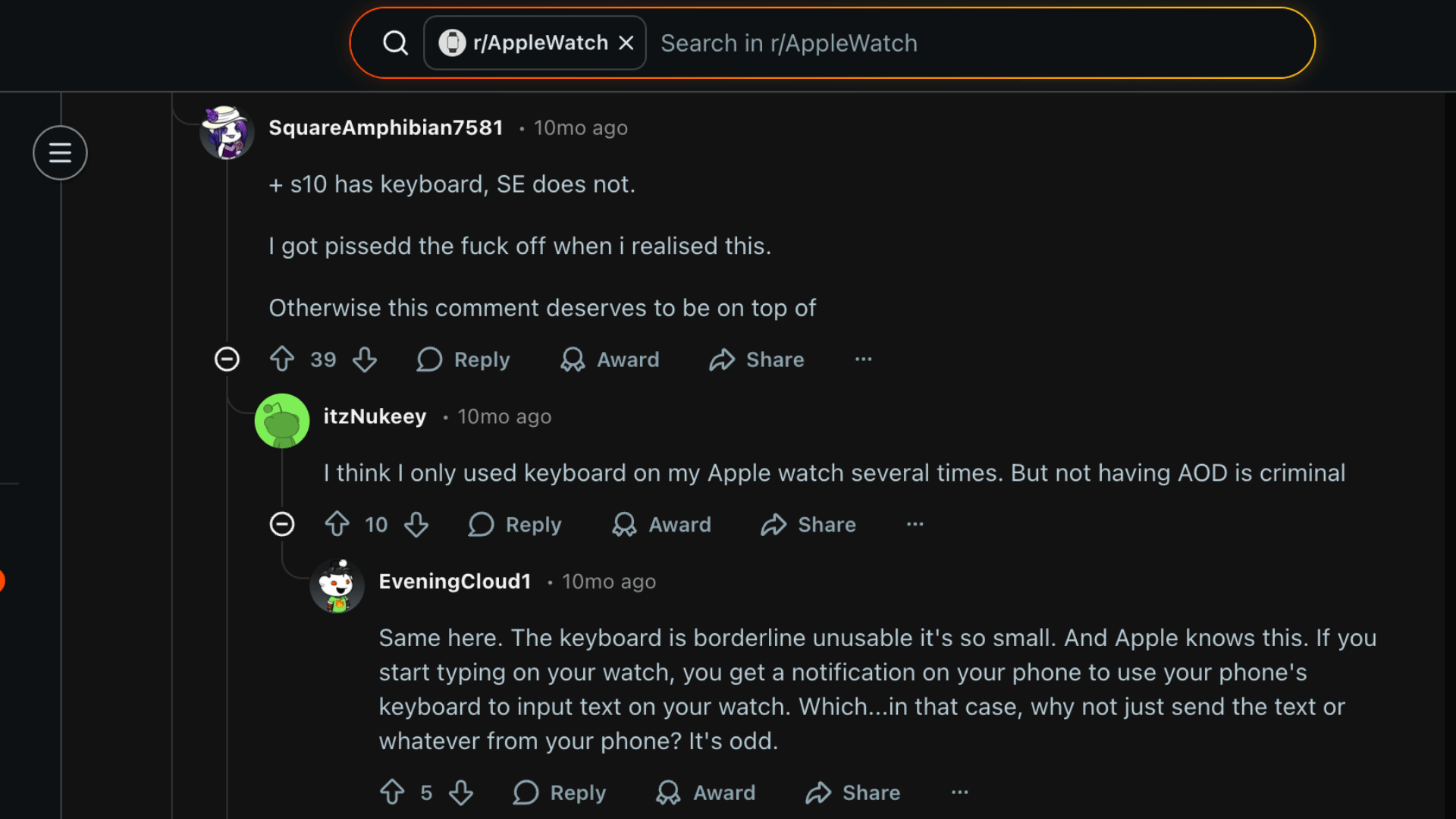 Reddit thread discussing Apple Watch Series 10 vs SE features like keyboard support and always-on display differences
