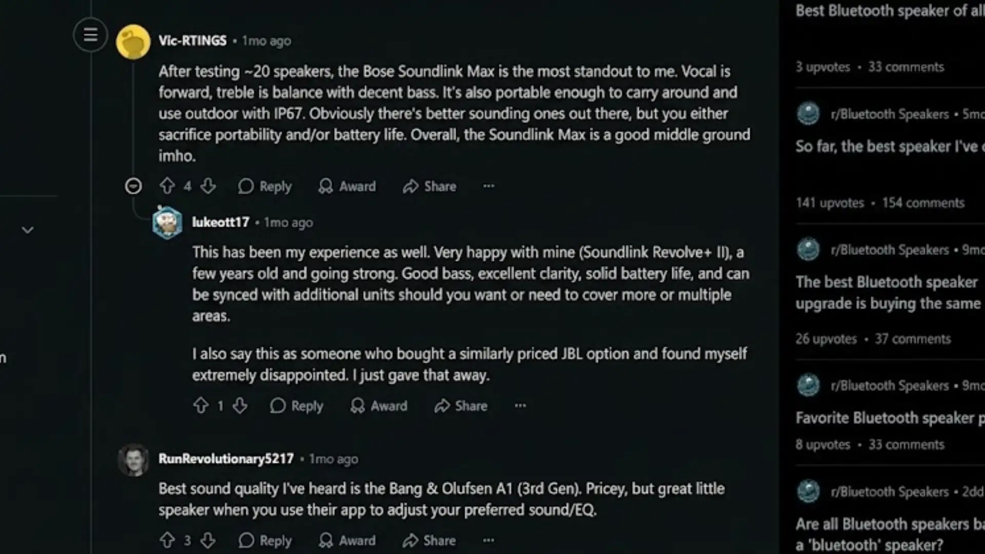 Reddit thread discussing best Bluetooth speakers with user reviews and recommendations visible