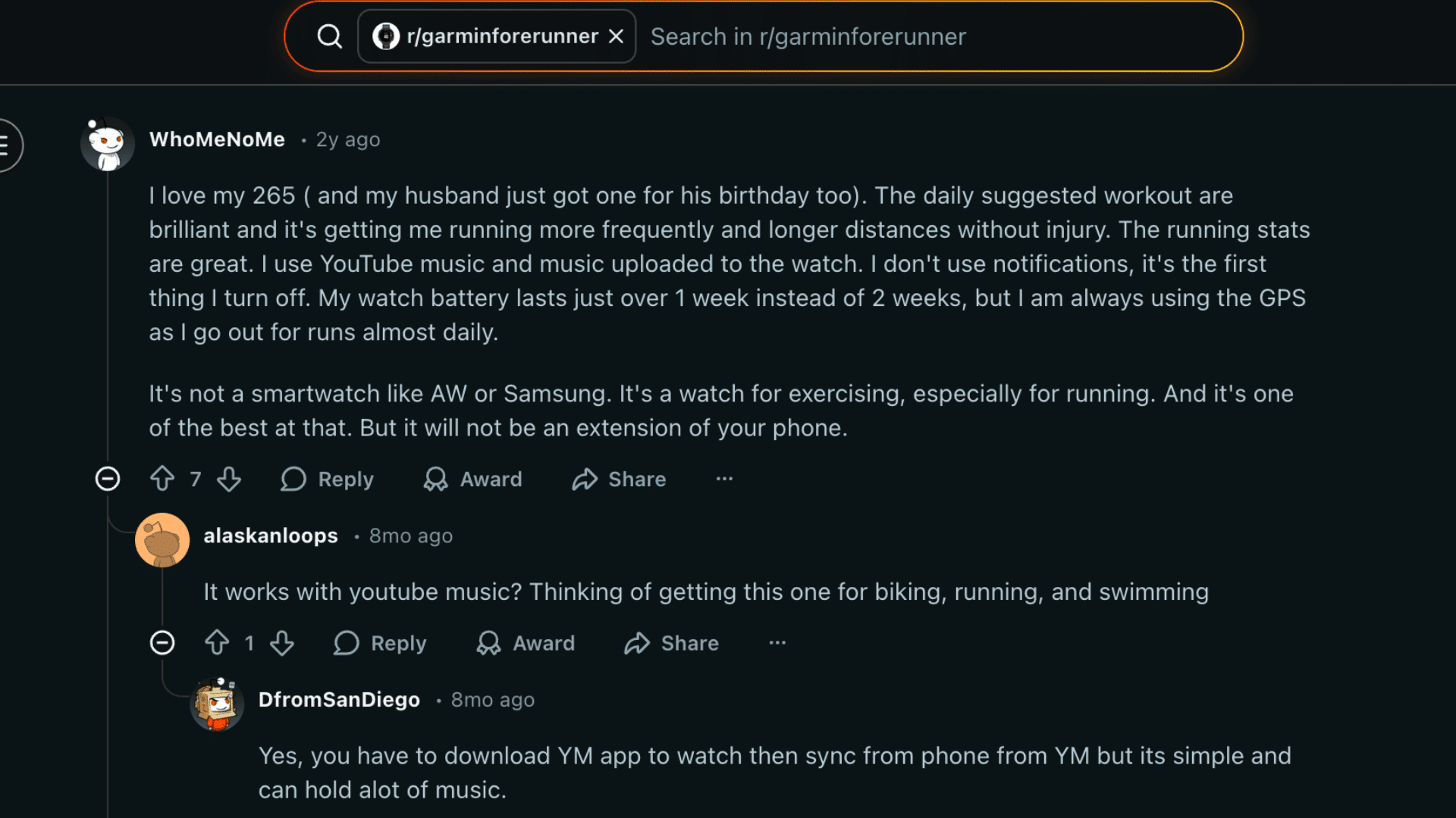 Reddit thread discussing Garmin Forerunner 265 user experience, workouts, battery life, and music support