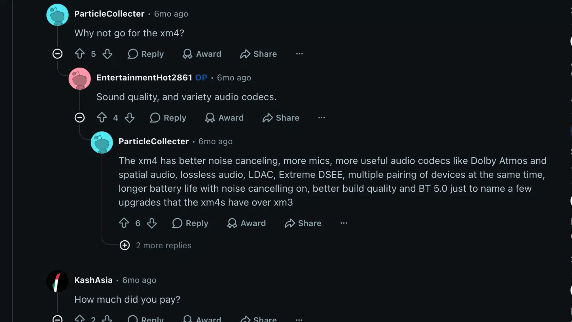 Reddit thread discussing Sony WH-1000XM3 vs XM4 features, noise canceling, codecs, and battery life