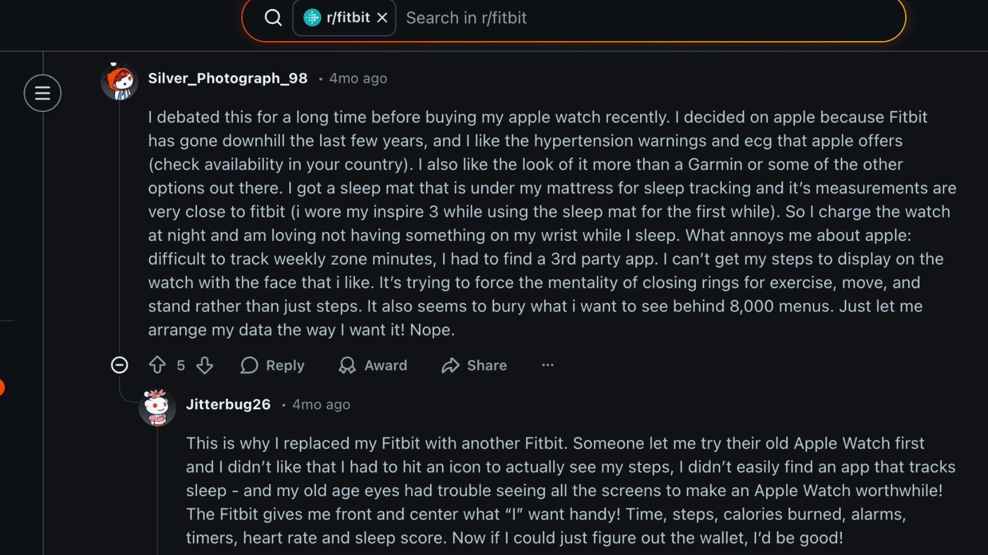 Reddit thread showing user opinions on Fitbit vs Apple Watch discussing features, sleep tracking, and usability differences