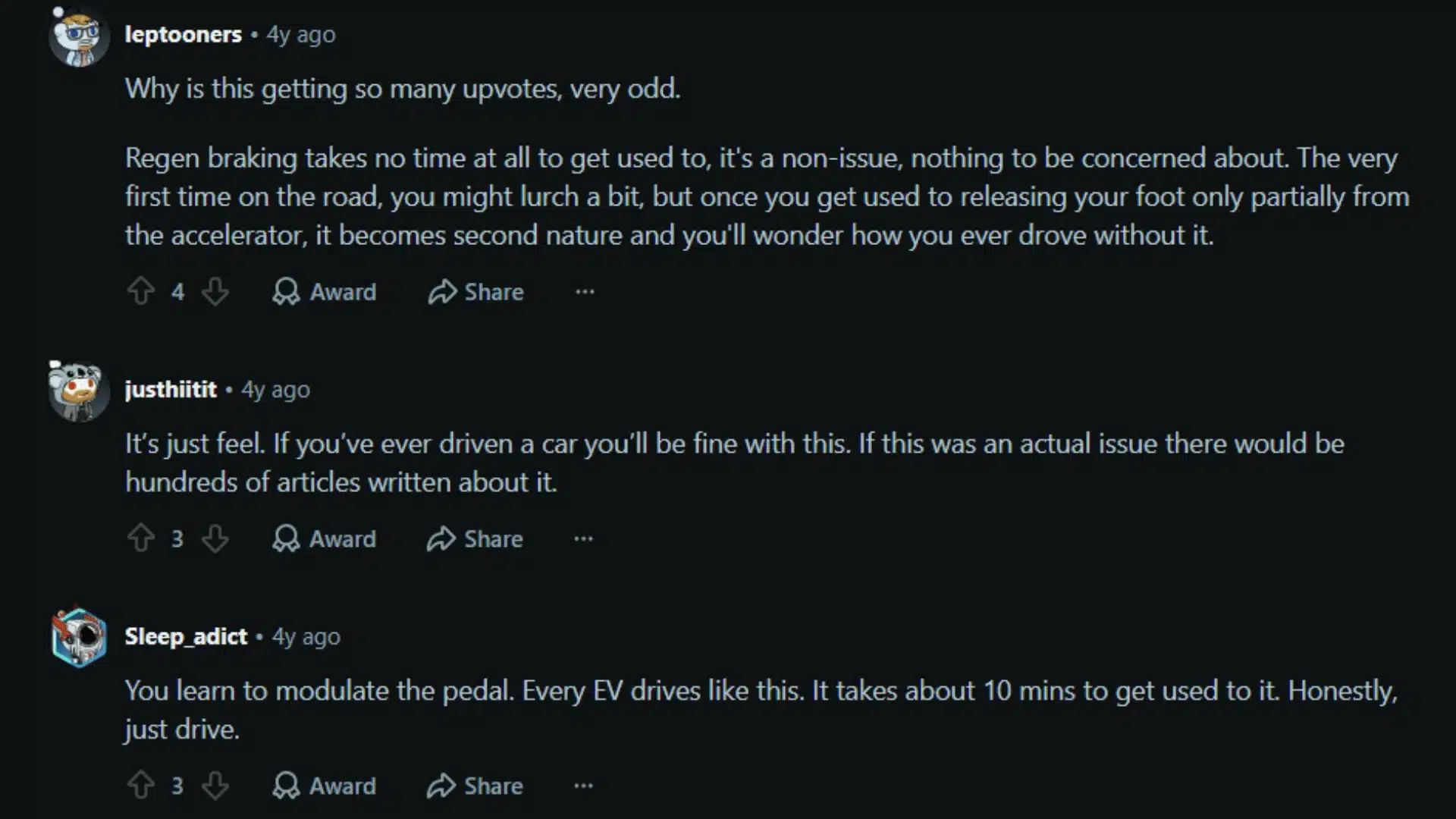 Reddit users discussing how regenerative braking in EVs becomes easy to adjust to after driving briefly