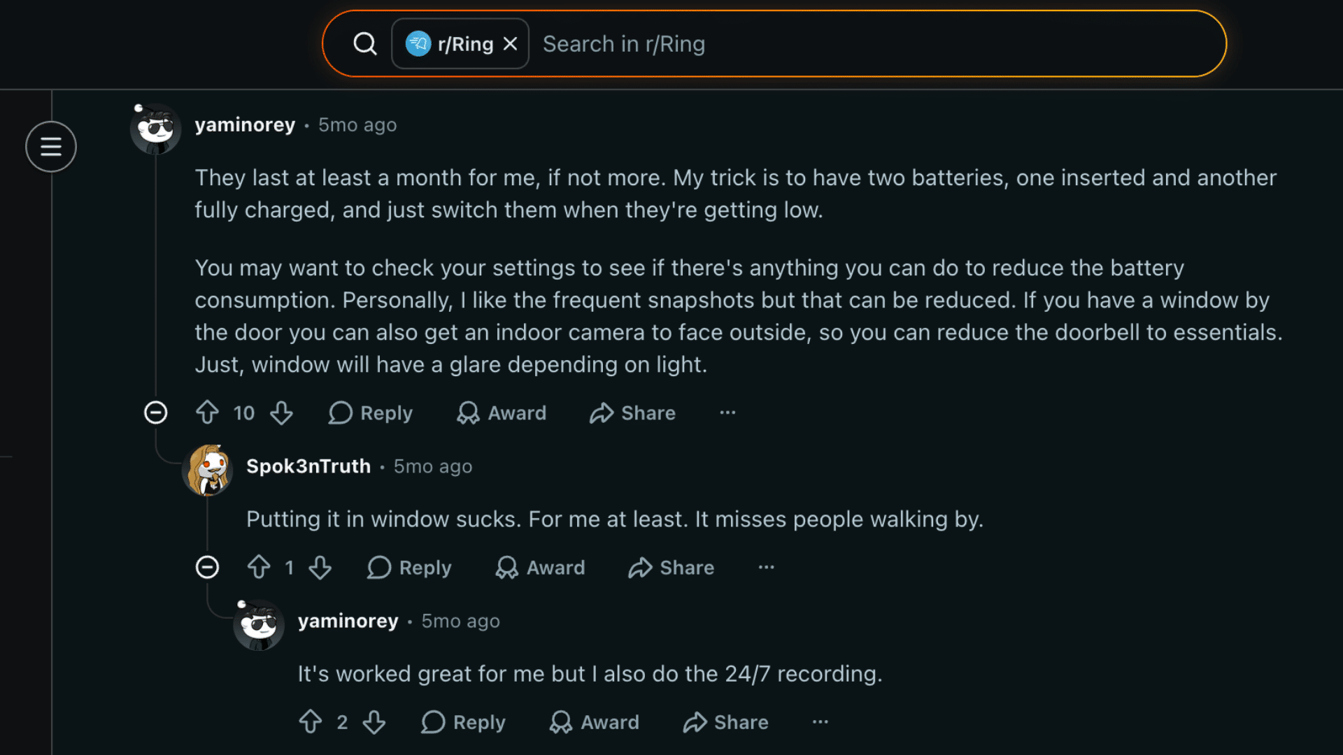 Reddit users discussing Ring Doorbell battery life and charging tips in the rRing community thread
