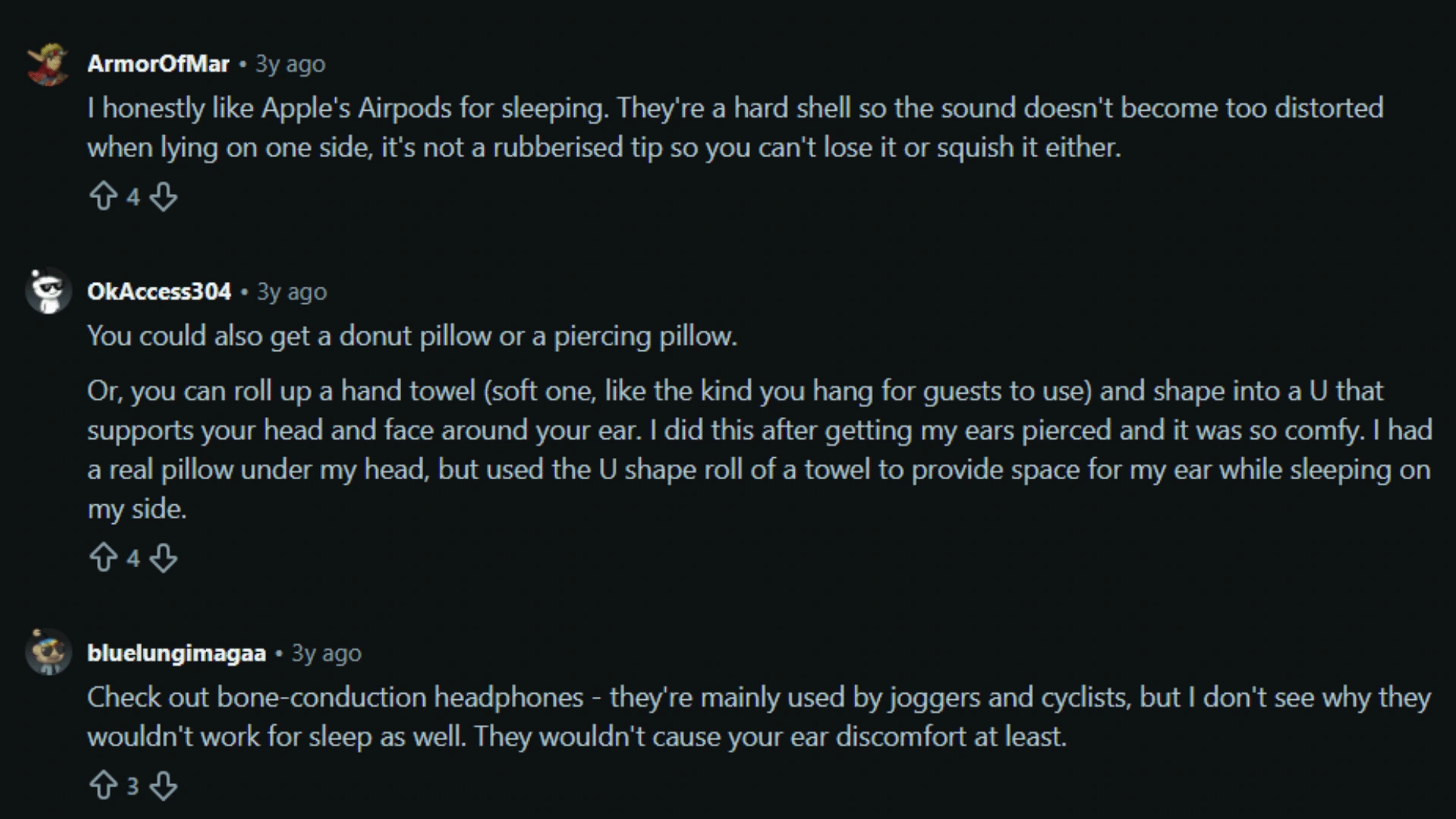 Reddit users discussing sleeping with headphones, suggesting AirPods, donut pillows, and bone conduction options for comfort