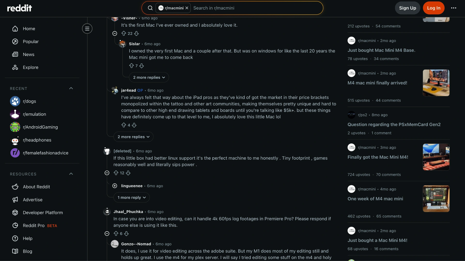 Reddit discussion about Mac Mini M4 user reviews and performance comments in dark mode interface