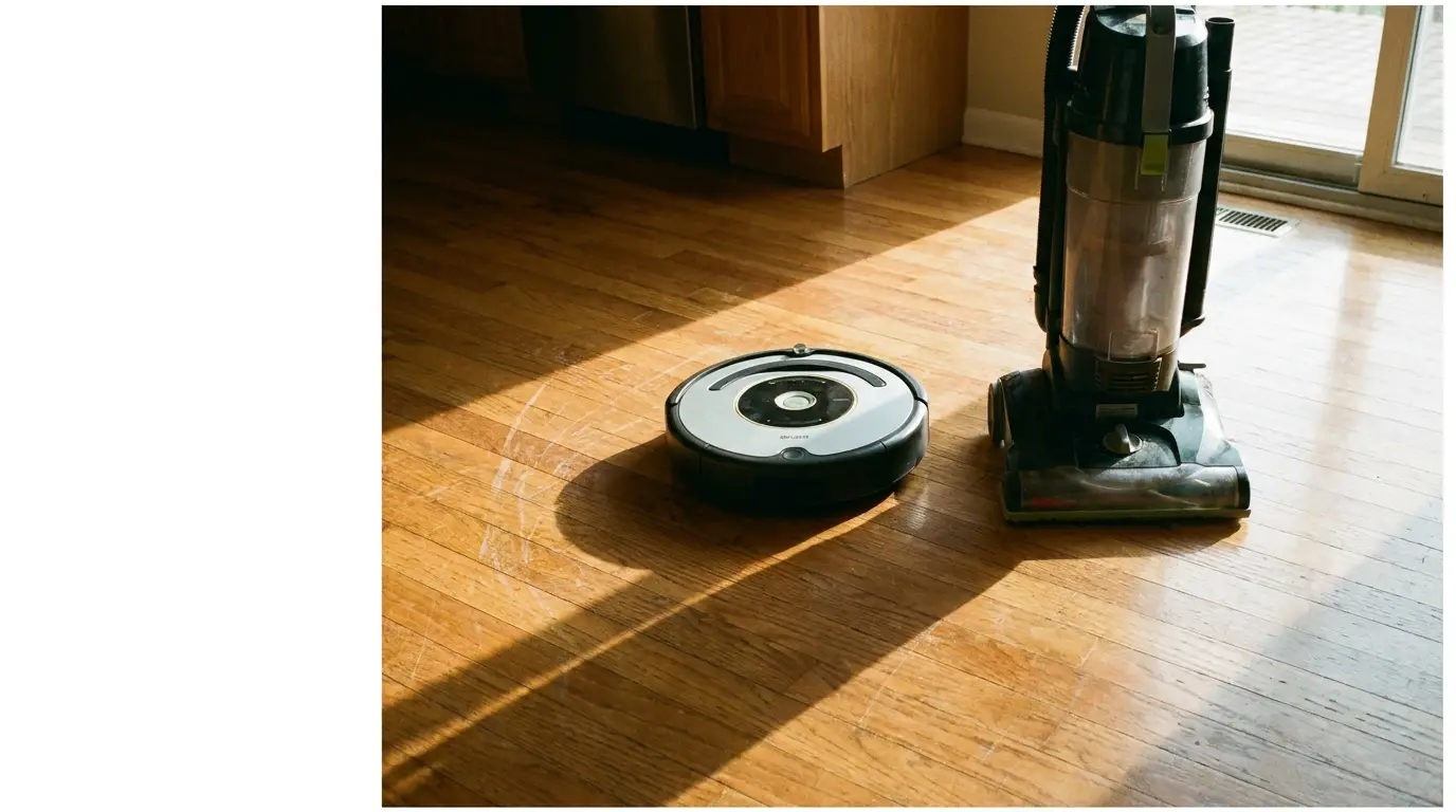 Robot vacuum and upright vacuum cleaner on sunlit wooden floor indoors