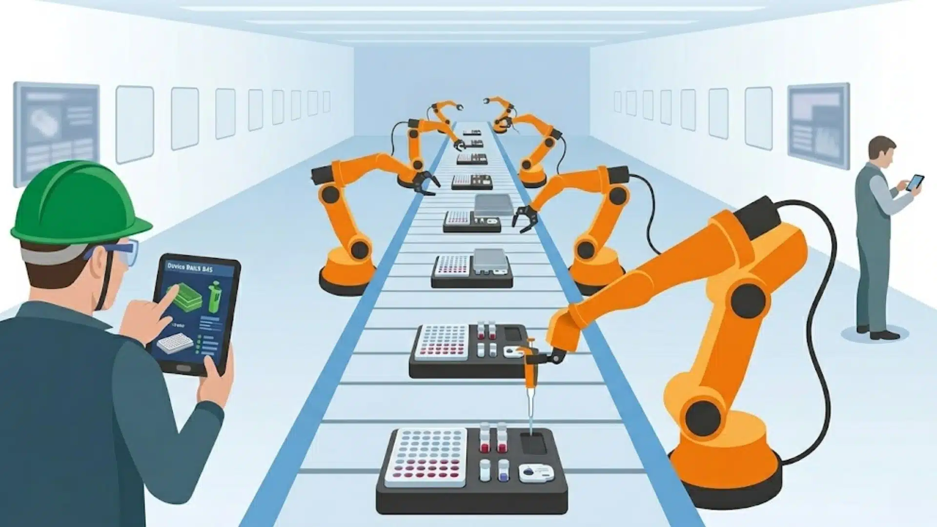 Robotic arms assembling electronics on a production line while workers monitor systems in a controlled factory environment