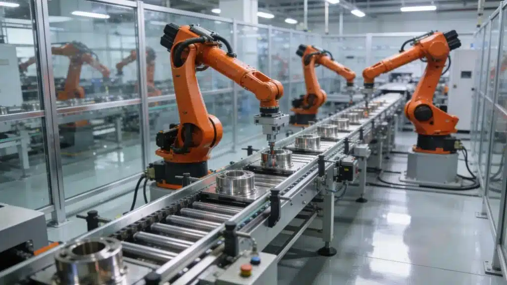 Robotic arms assembling metal parts on a factory conveyor line inside a modern automated manufacturing facility