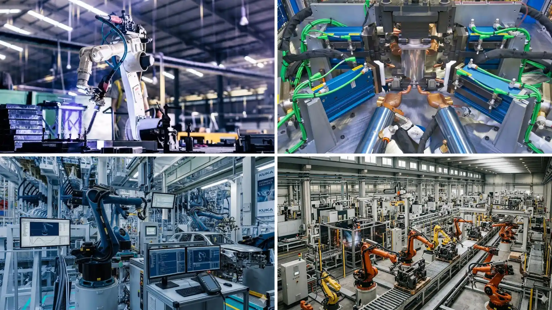 Robotic arms, welding equipment, and automated factory lines used in industrial automation