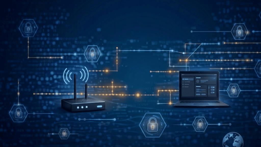 router and laptop connected through secure digital network with lock icons and glowing data lines
