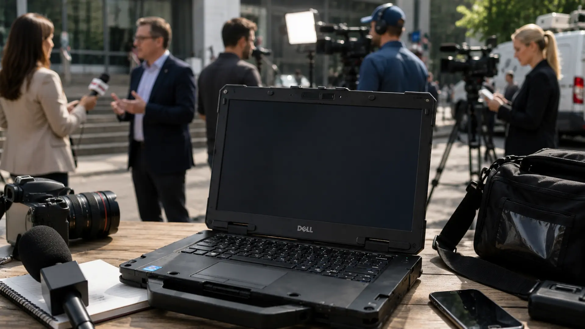 Rugged Dell laptop on media setup table during outdoor news interview with cameras and reporters