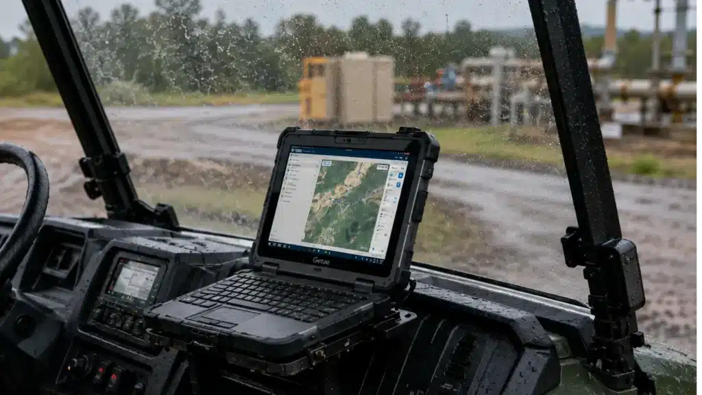 Rugged Getac laptop mounted inside utility vehicle during rainy outdoor industrial field operation